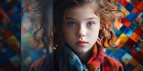 Young Girl and Puzzle Pieces, colorful background. World Autism Awareness Day or month concept for April 2. Colorful puzzles, symbol of awareness for autism spectrum disorder