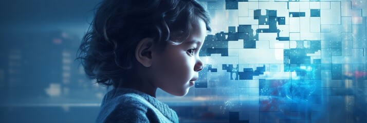 Young Girl and Puzzle Pieces, blue background. World Autism Awareness Day or month concept for April 2. Blue puzzles, symbol of awareness for autism spectrum disorder, copy space