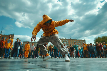 Group of people dancing breakdance hip-hop on the street