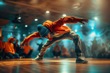 Modern break hip-hop dancer performing on stage at night club. Youth culture concept. - obrazy, fototapety, plakaty
