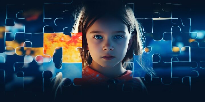 Young Girl and Puzzle Pieces, blue background. World Autism Awareness Day or month concept for April 2. Colorful puzzles, symbol of awareness for autism spectrum disorder - Powered by Adobe