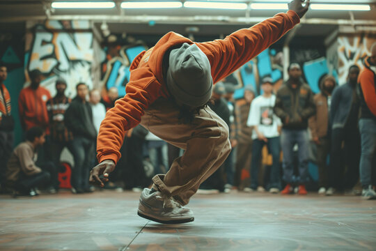 Teenage boy dancing breakdance in a skatepark. Youth culture.