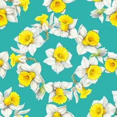 Foto auf Acrylglas Watercolour daffodils spring flowers wreath illustration seamless pattern. On blue green background. Hand-painted. Botanical Floral elements. For interior print decoration, fabric, wrapping, crafting. © Nataliia