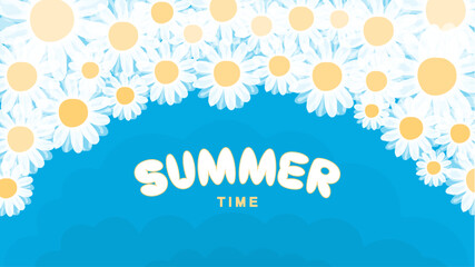 Fun summer billboard in groovy style. Cartoon daisies on a sky background. Vector artwork