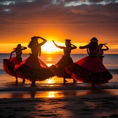 AI generated illustration of female dancers performing against a picturesque sunset at beach - obrazy, fototapety, plakaty