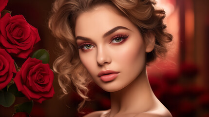 Fototapeta na wymiar Beautiful young woman with roses, elegant beauty portrait