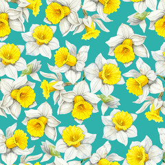 Fototapeta na wymiar Watercolour daffodils spring flowers decor illustration seamless pattern. Seasonal. Hand-painted. Botanical Floral elements. On blue green background. For interior print decoration, fabric, wrapping. 