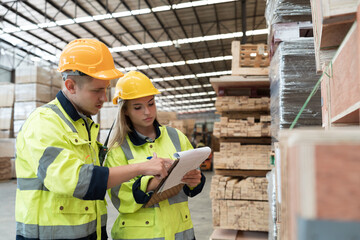 Male and female warehouse worker working in lumber storage warehouse. Workers working in timber...