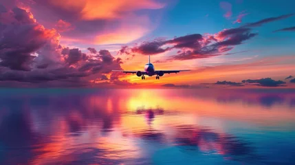 Cercles muraux Coucher de soleil sur la plage Airplane flying on tropical colorful evening sky over the sea at beautiful sunset with reflection.