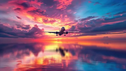 Photo sur Plexiglas Coucher de soleil sur la plage Airplane flying on tropical colorful evening sky over the sea at beautiful sunset with reflection.