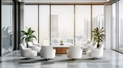 White business interior with armchairs and board on grey concrete floor, side view. Conference corner with sideboard and panoramic window on city view. day lighting.