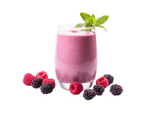 a glass of pink smoothie with berries