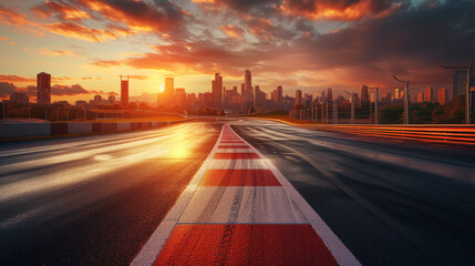 Race track road and bridge with city skyline at sunset.