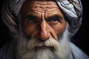 An elderly Arabian man wearing a white turban on his head.