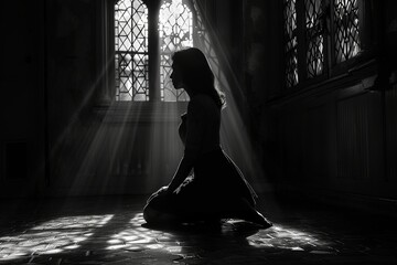 Experience a serene and spiritual moment as you witness the silhouette of a woman kneeling in prayer, captured in a realistic photo that conveys peace, faith, and contemplation. - obrazy, fototapety, plakaty