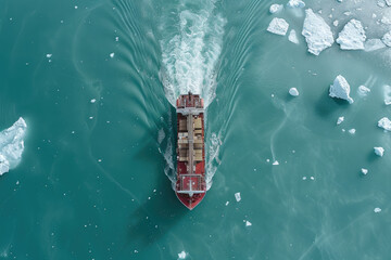 Large Cargo icebreaker sails in ice-cold ocean - obrazy, fototapety, plakaty