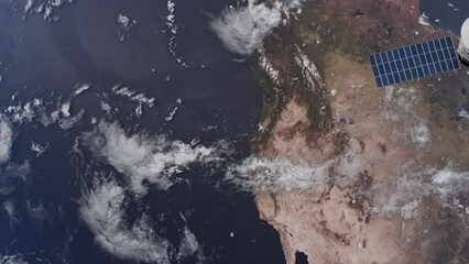 a satellite above the USA. a satellite observing the USA. 3d animation of a satellite observing the American continent. view from space of a satellite flying over the earth