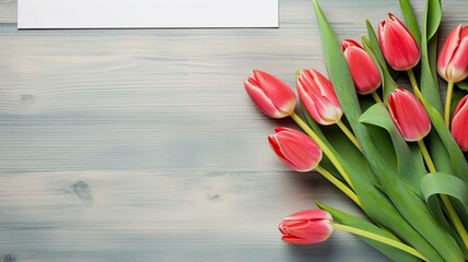 greeting card design with tulips and calendar top view, with copy space with generative ai
