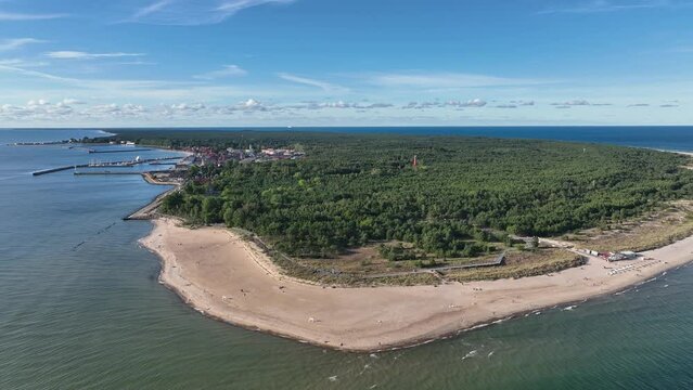 Hel city. Aerial view of Hel Peninsula in Poland, Baltic Sea and Puck Bay Zatoka Pucka Photo made by drone from above. End of poland hel peninsula. Hel beach in Poland