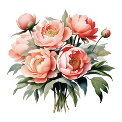 Soft pink watercolor peonies. PNG transparent design element. Ai generated
