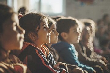 Children of different nationalities are siting indoors watching something with interest and listening to someone . Their faces show interest and enthusiasm. - Powered by Adobe