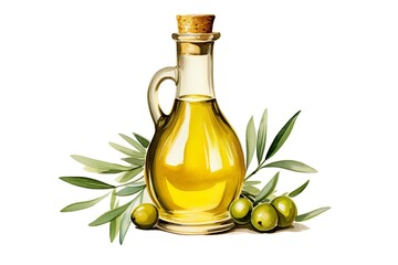 olive oil jar with green olives illustration isolated background