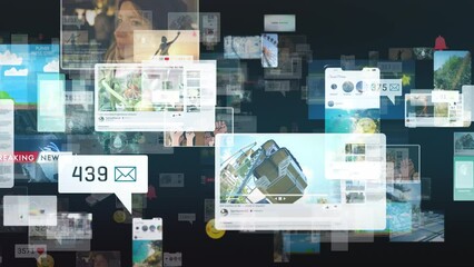 Communication network video elements from social media, trends, viral clips, gaming, business, applications, IoT, concept art of digital worlds animation background in front of black - Powered by Adobe