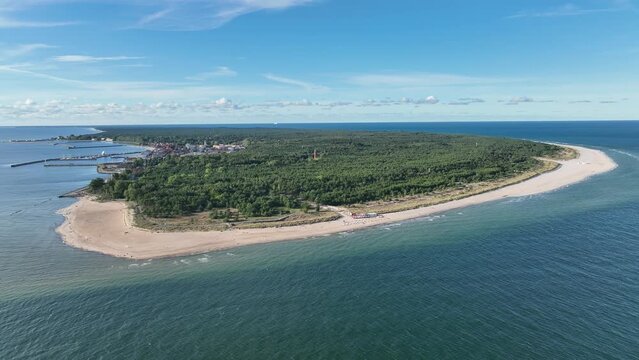 Hel city. Aerial view of Hel Peninsula in Poland, Baltic Sea and Puck Bay Zatoka Pucka Photo made by drone from above. End of poland hel peninsula. Hel beach in Poland
