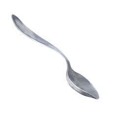 The watercolor spoon is metal, silver. A hand-drawn illustration on a white background. Dessert room, tea room, dining room. Logo, design, decor, isolate, template.