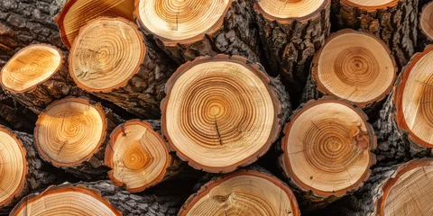 Fotobehang Cut Poplar Tree Logs Piled Up Closeup. Pile of freshly cut poplar logs, showcasing the natural patterns and annual rings. © dinastya