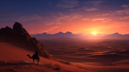 An expansive desert landscape at sunrise, featuring vast dunes, warm hues, and a solitary camel caravan, evoking the allure of an epic desert expedition