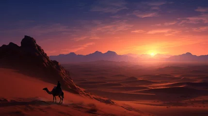 Foto op Plexiglas An expansive desert landscape at sunrise, featuring vast dunes, warm hues, and a solitary camel caravan, evoking the allure of an epic desert expedition © afrasayab