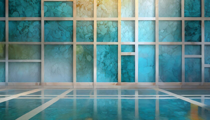 Przestrzenne, niebieskie tło ze ścianą pokrytą listwami tworzącymi kwadraty