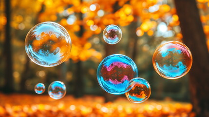 Transparent soap bubbles float with reflections of autumn trees in a forest, in a dreamy and delicate scene