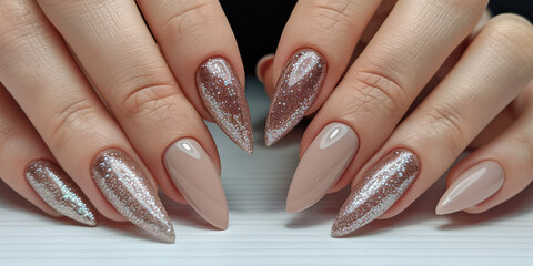 Elegant Neutral Manicure Closeup. Close-up of woman's hands showcasing a stylish neutral colored manicure.