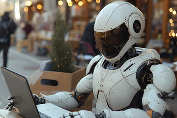 Fototapeta premium A humanoid robot works on a laptop, technology future concept