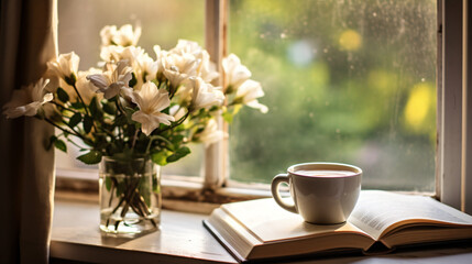 A cup of coffee and a book - obrazy, fototapety, plakaty
