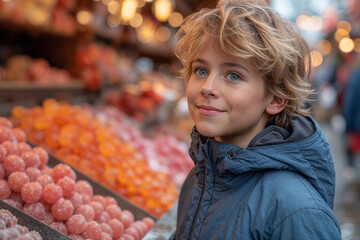 Young boy by a candy stall at a market during winter.