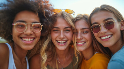 Fototapeta premium Group of a diverse friends smiling with sunglasses on a bright summer day.