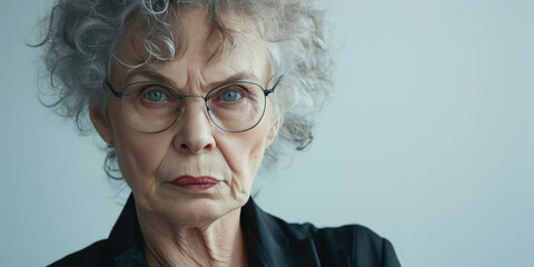 Senior Woman's Displeased Portrait on simple background with copy space. Close-up of a senior woman with gray hair looking angry and skeptical. - obrazy, fototapety, plakaty