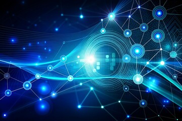 Obraz premium An abstract illustration of data flowing through a network of nodes, digital background with binary code and AI algorithms running in the background, Futuristic technology wallpaper with digital wave 