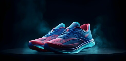 the adidas court tennis shoe in red and blue on a dark background