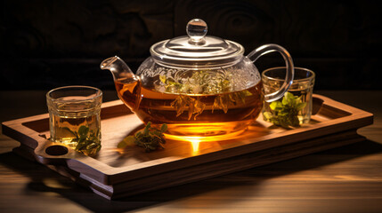 A glass teapot with a tea