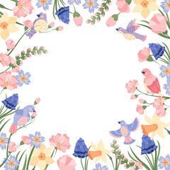Hand drawn flat spring background with blooming flowers and birds with blank space