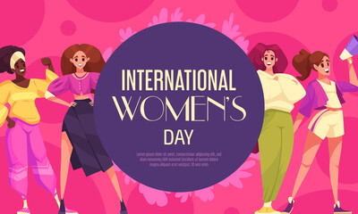 Hand drawn flat cartoon international women day background template with female characters protesting