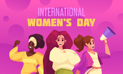 Hand drawn flat cartoon international women day background with female characters protesting