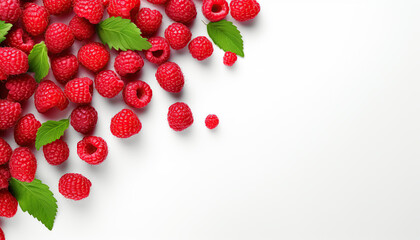 Raspberries frame background. White background. Copy space.