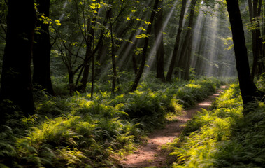 sun rays in the path in the forest created with Generative AI technology