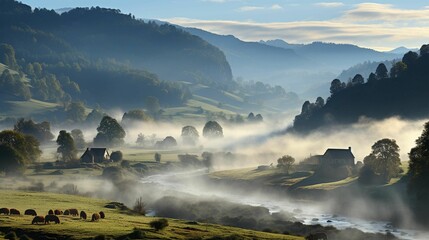 AI generated illustration of rural hills in fog at golden hour