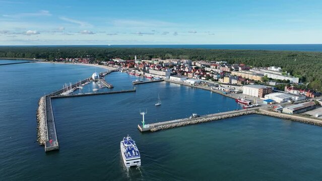  Port hel peniinsula in Poland.. Aerial view of Hel Peninsula in Poland, Baltic Sea and Puck Bay . Hel city .Photo made by drone from above. Hel seaport